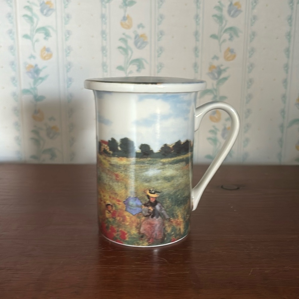 Kent Pottery Coffee Mug Tea Cup W/ Coaster/Lid- Claude Monet Poppy Field VINTAGE